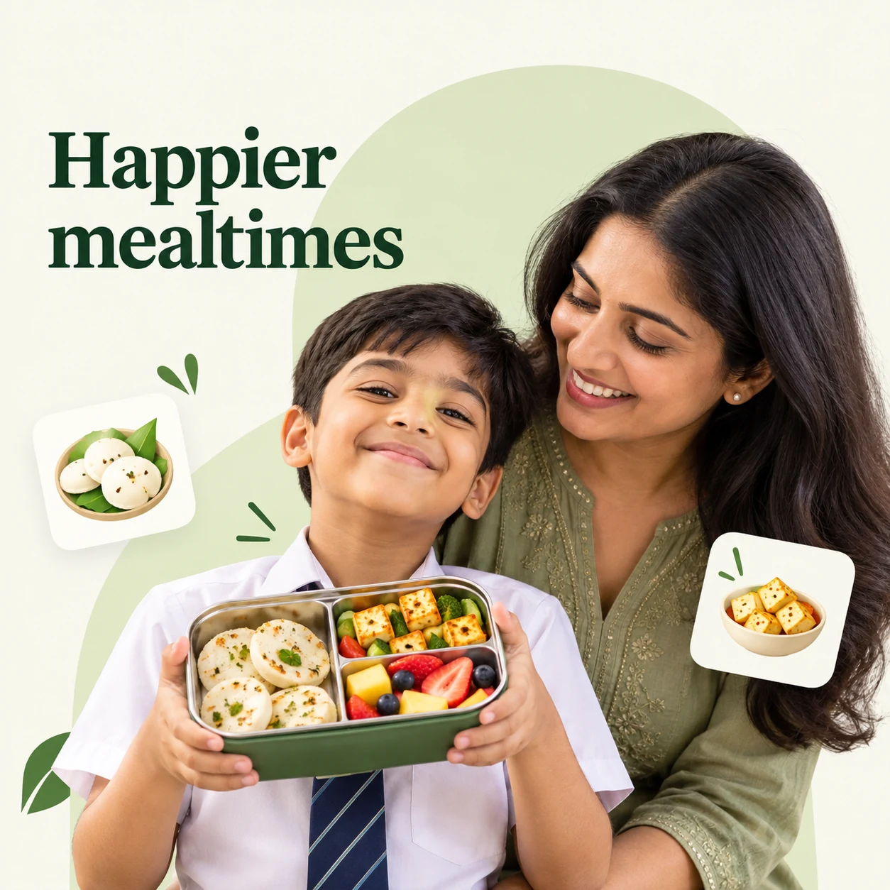 Mother and son preparing a colourful lunchbox