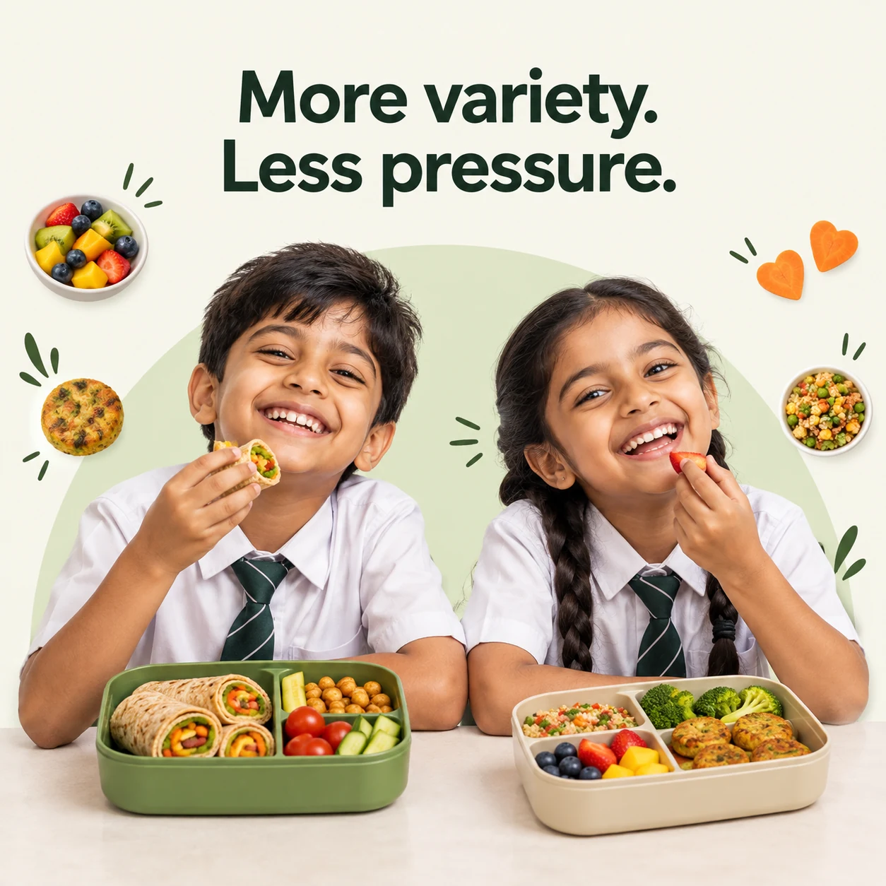Two schoolchildren enjoying varied lunchbox meals