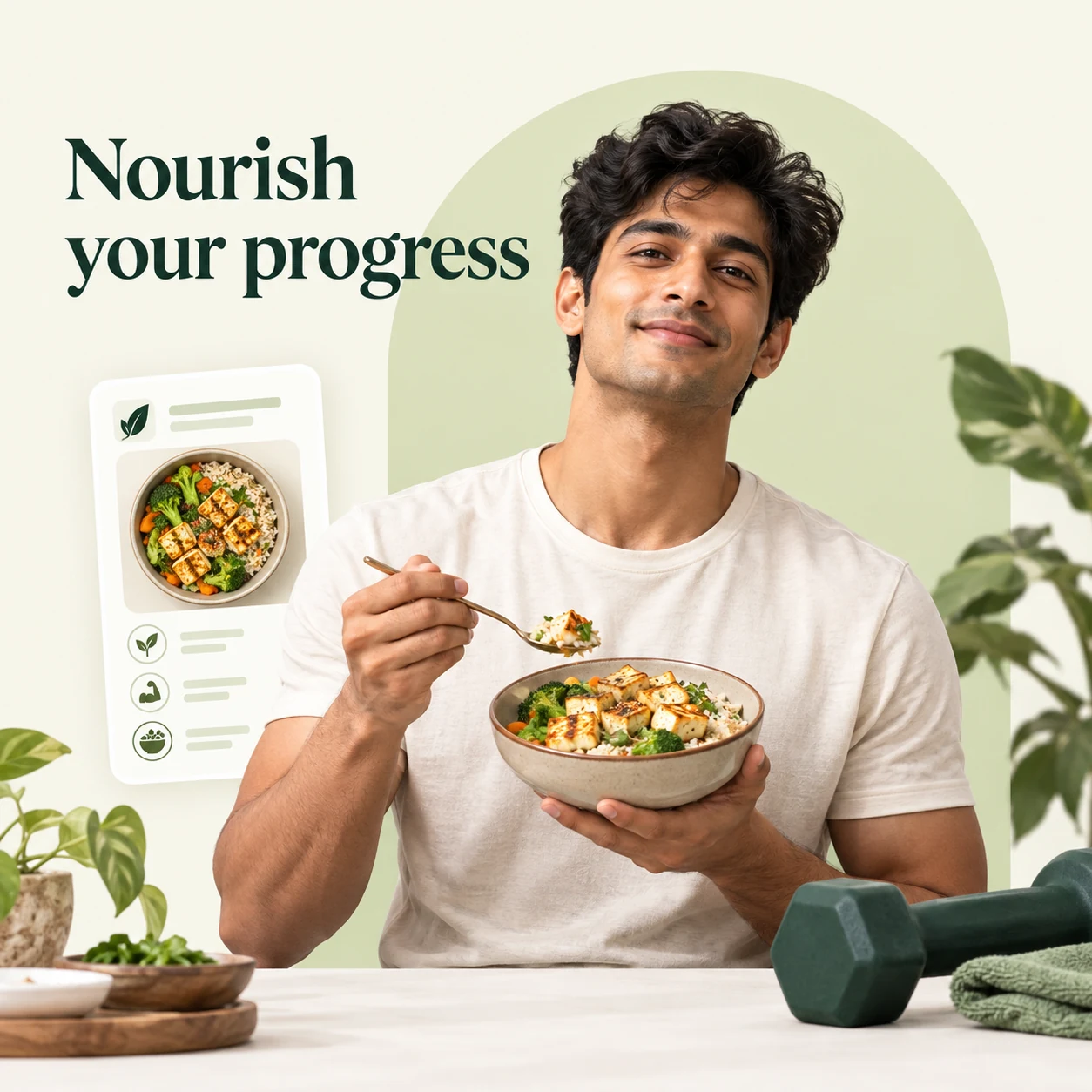 Man with a balanced meal and exercise equipment