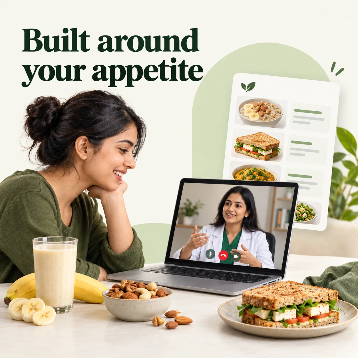 Woman eating at home while consulting an online dietitian